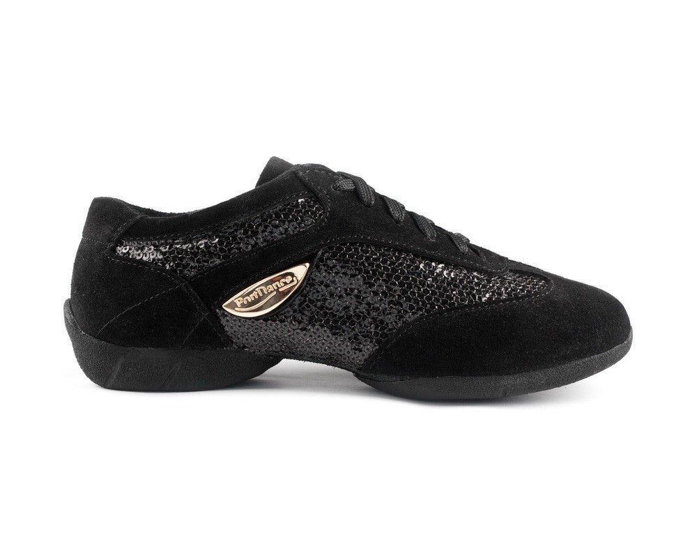 Portdance PD01 FASHION Dance Sneaker, Schwarz, Glitzer-Mesh, goldenes Logo; ideal für Jazz-Routinen.